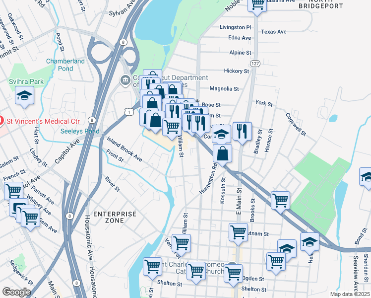 map of restaurants, bars, coffee shops, grocery stores, and more near 240 Boston Avenue in Bridgeport