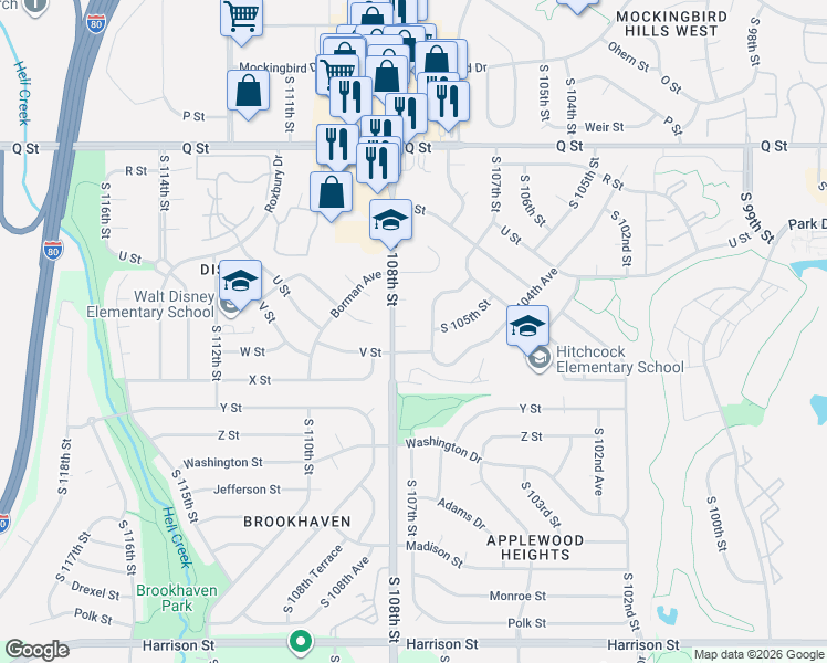 map of restaurants, bars, coffee shops, grocery stores, and more near 10761 Nancy Circle in Omaha