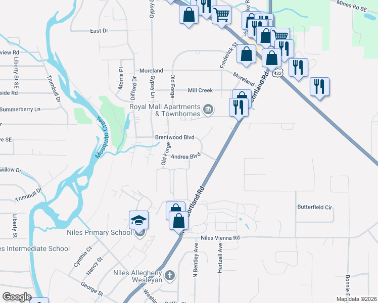 map of restaurants, bars, coffee shops, grocery stores, and more near 121 Brentwood Boulevard in Niles