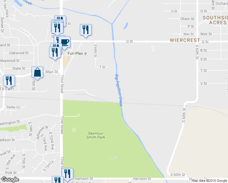 map of restaurants, bars, coffee shops, grocery stores, and more near Big Papio Trail in Omaha