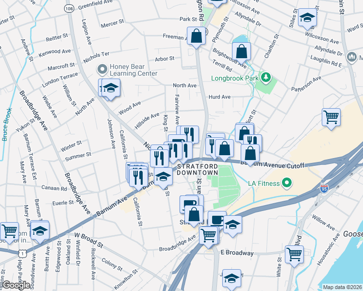 map of restaurants, bars, coffee shops, grocery stores, and more near 5 Frederick Street in Stratford