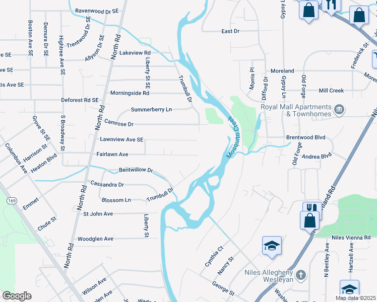 map of restaurants, bars, coffee shops, grocery stores, and more near 190 Lawnview Avenue Southeast in Niles