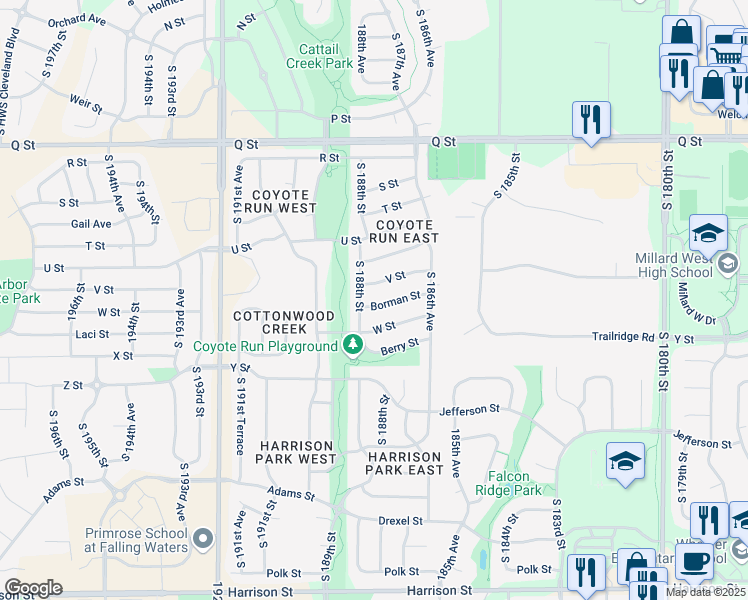 map of restaurants, bars, coffee shops, grocery stores, and more near 18721 V Street in Omaha