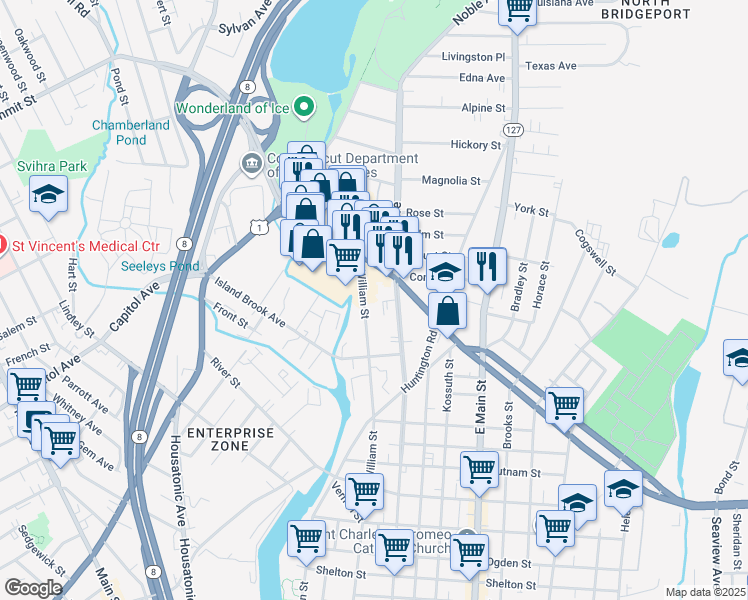map of restaurants, bars, coffee shops, grocery stores, and more near 1148 William Street in Bridgeport