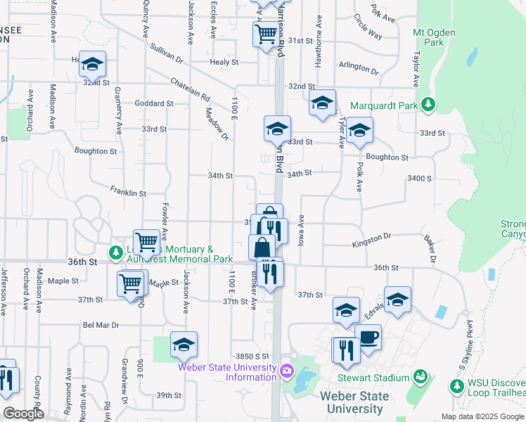 map of restaurants, bars, coffee shops, grocery stores, and more near 3476 Brinker Avenue in Ogden