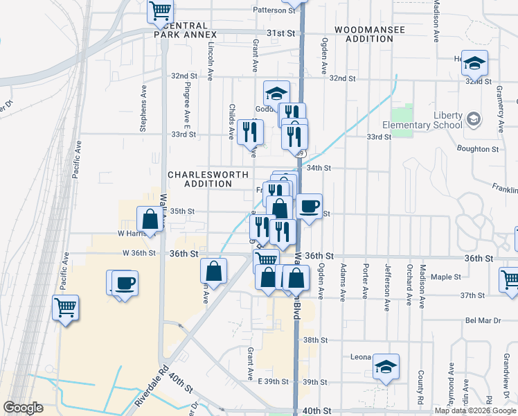 map of restaurants, bars, coffee shops, grocery stores, and more near 308 35th Street in Ogden