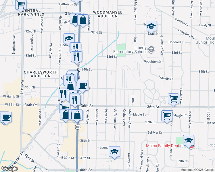 map of restaurants, bars, coffee shops, grocery stores, and more near 3457 Jefferson Avenue in Ogden