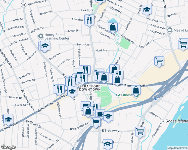map of restaurants, bars, coffee shops, grocery stores, and more near 2944 Main Street in Stratford