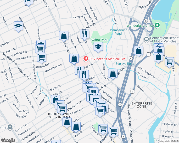 map of restaurants, bars, coffee shops, grocery stores, and more near 135 Gurdon Street in Bridgeport