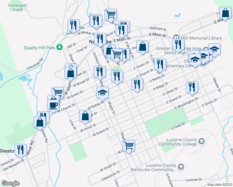 map of restaurants, bars, coffee shops, grocery stores, and more near 501-549 S Market St in Nanticoke