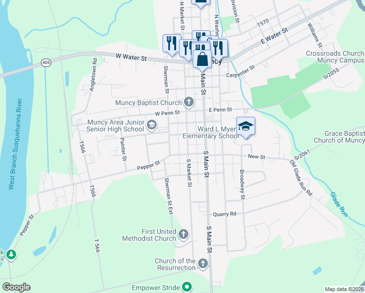 map of restaurants, bars, coffee shops, grocery stores, and more near 302 South Market Street in Muncy