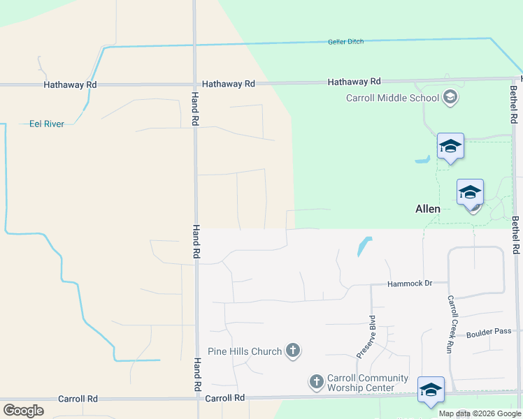 map of restaurants, bars, coffee shops, grocery stores, and more near 12732 Hand Road in Fort Wayne