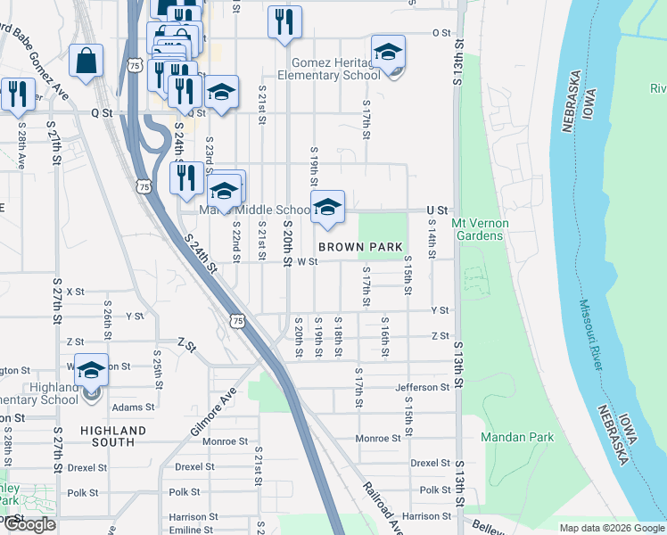 map of restaurants, bars, coffee shops, grocery stores, and more near 5801 South 19th Street in Omaha