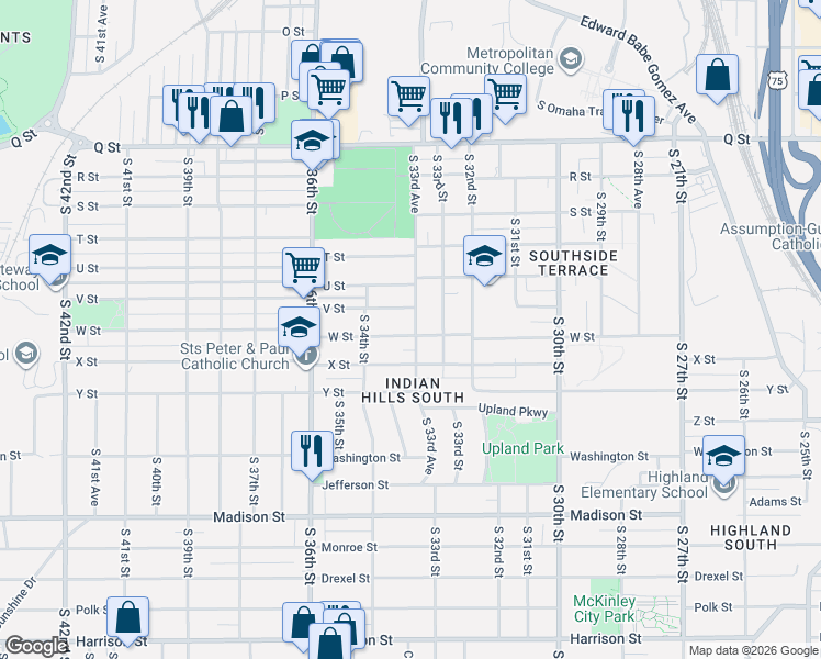 map of restaurants, bars, coffee shops, grocery stores, and more near 3365 V Street in Omaha