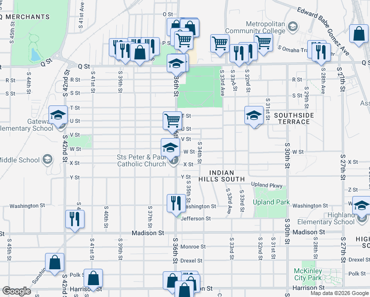 map of restaurants, bars, coffee shops, grocery stores, and more near 5707 South 36th Street in Omaha