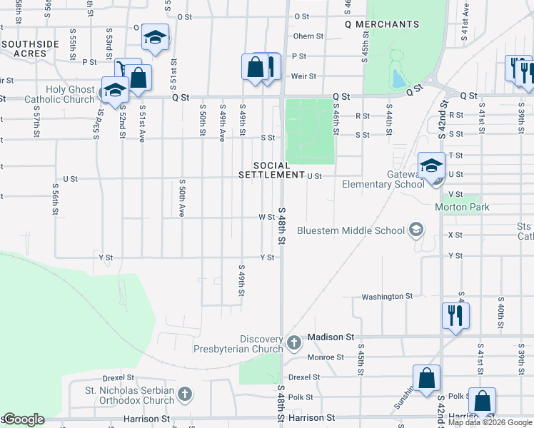 map of restaurants, bars, coffee shops, grocery stores, and more near 5636 South 48th Avenue in Omaha