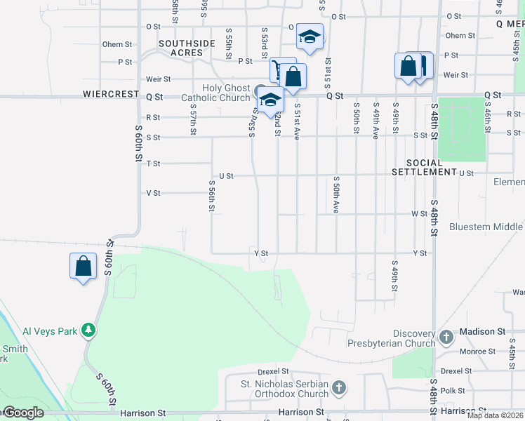 map of restaurants, bars, coffee shops, grocery stores, and more near 5709 South 53rd Street in Omaha