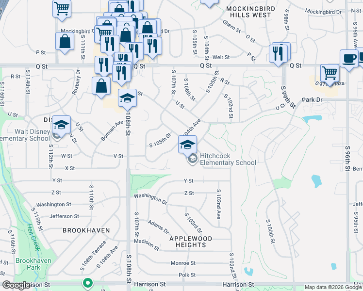 map of restaurants, bars, coffee shops, grocery stores, and more near 5723 South 104th Avenue in Omaha