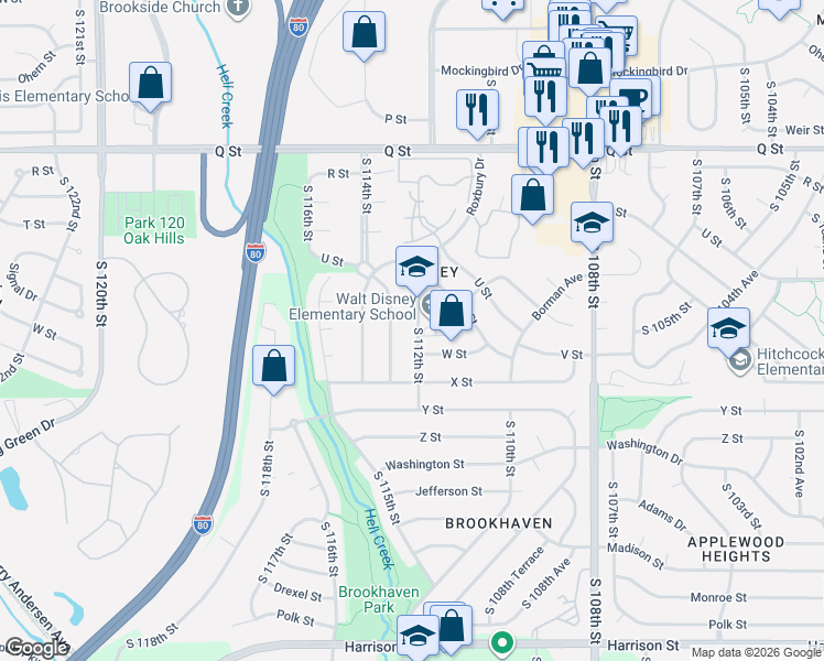 map of restaurants, bars, coffee shops, grocery stores, and more near 5712 South 112th Street in Omaha
