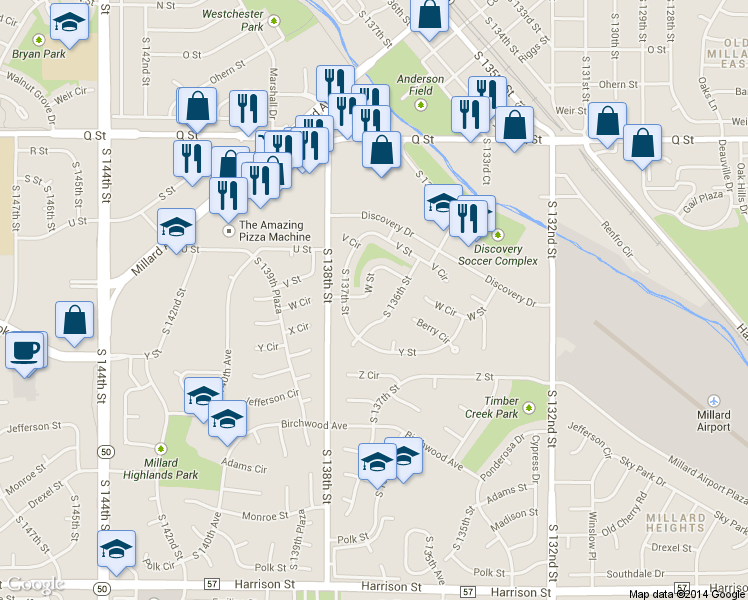 map of restaurants, bars, coffee shops, grocery stores, and more near 13656 W Street in Omaha