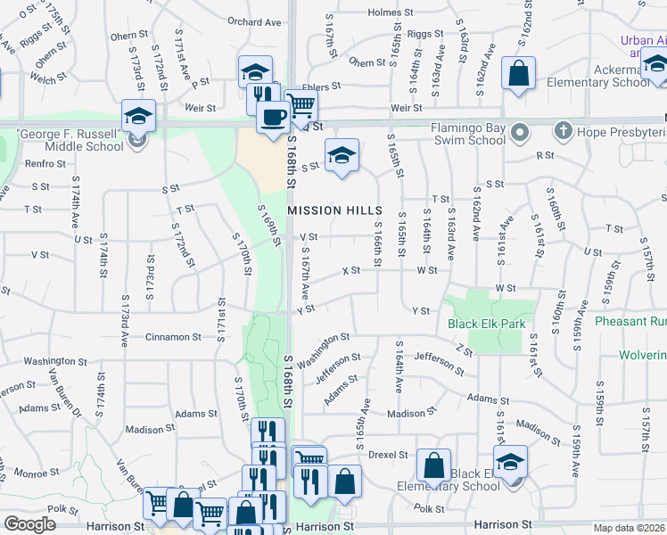 map of restaurants, bars, coffee shops, grocery stores, and more near 5722 South 167th Circle in Omaha
