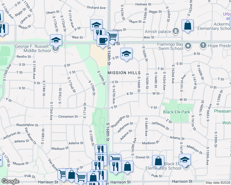 map of restaurants, bars, coffee shops, grocery stores, and more near 5724 South 167th Avenue in Omaha