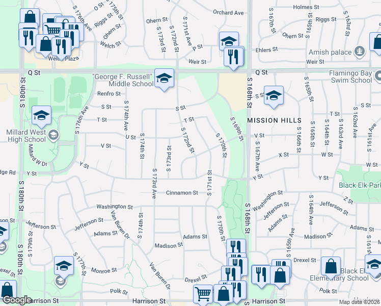 map of restaurants, bars, coffee shops, grocery stores, and more near 5614 South 172nd Street in Omaha