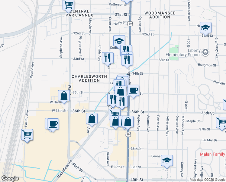 map of restaurants, bars, coffee shops, grocery stores, and more near 316 35th Street in Ogden