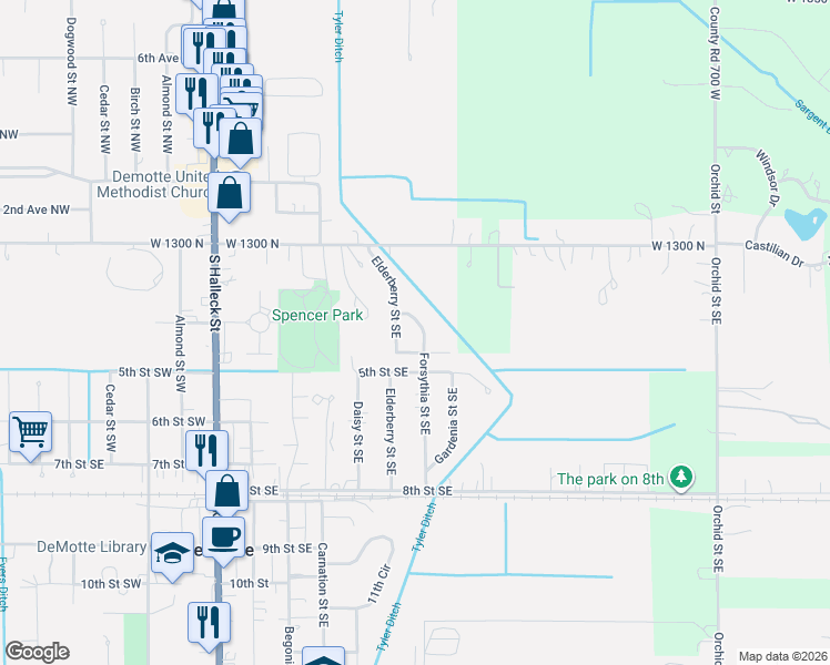 map of restaurants, bars, coffee shops, grocery stores, and more near 320 Forsythia St SE in De Motte