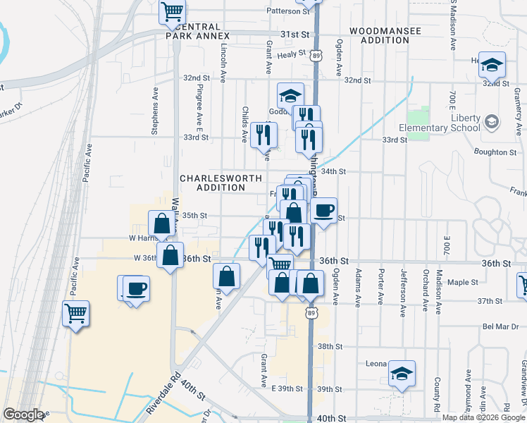 map of restaurants, bars, coffee shops, grocery stores, and more near 3485 South Grant Avenue in Ogden