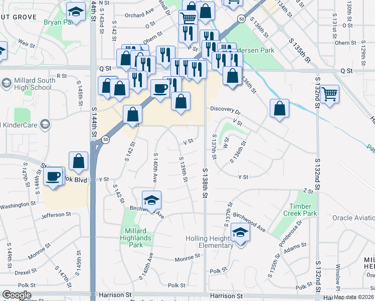 map of restaurants, bars, coffee shops, grocery stores, and more near 13865 V Street in Omaha