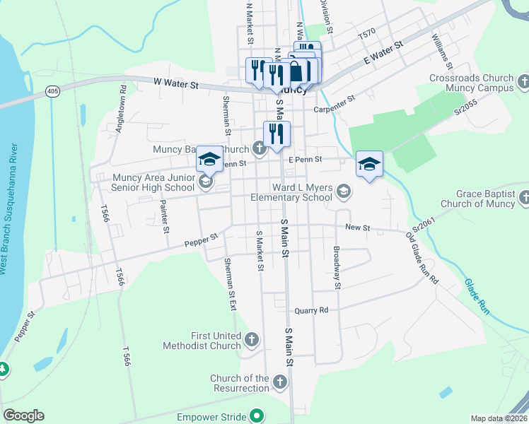 map of restaurants, bars, coffee shops, grocery stores, and more near 306 South Main Street in Muncy