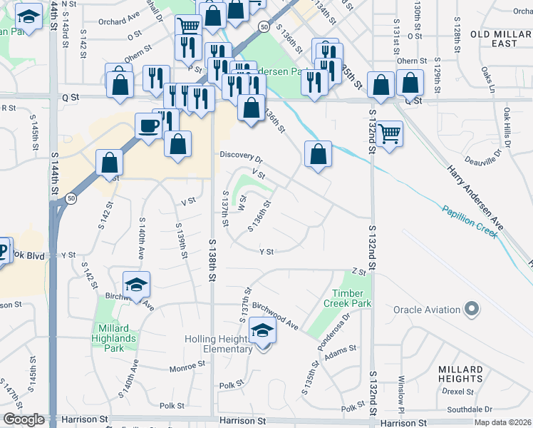map of restaurants, bars, coffee shops, grocery stores, and more near 5806 South 136th Street in Omaha