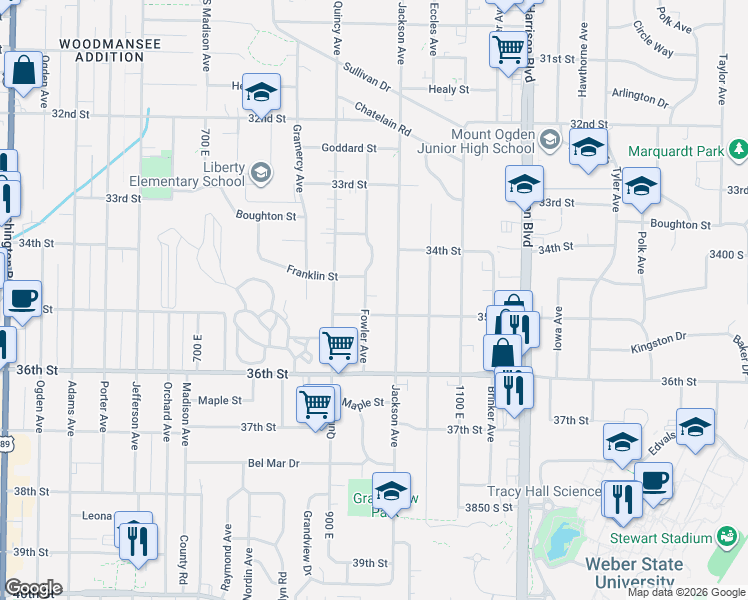 map of restaurants, bars, coffee shops, grocery stores, and more near 3472 South Fowler Avenue in Ogden