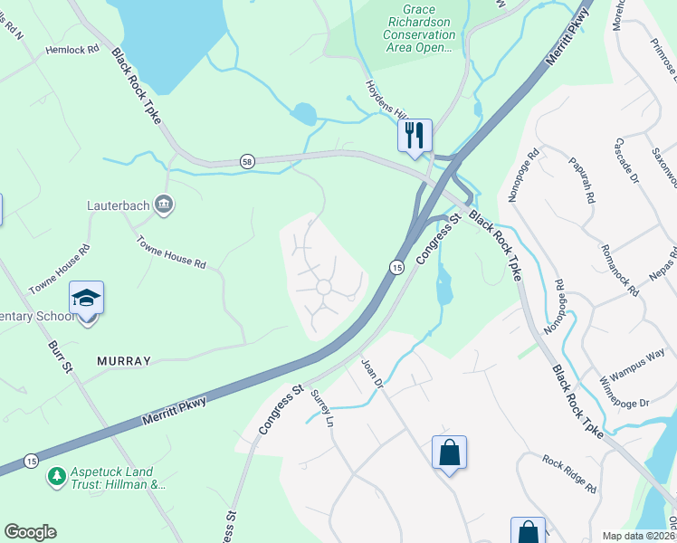 map of restaurants, bars, coffee shops, grocery stores, and more near 64 Hamilton Court in Fairfield