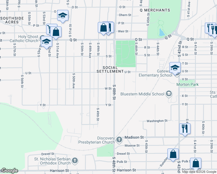 map of restaurants, bars, coffee shops, grocery stores, and more near 5636 South 48th Avenue in Omaha