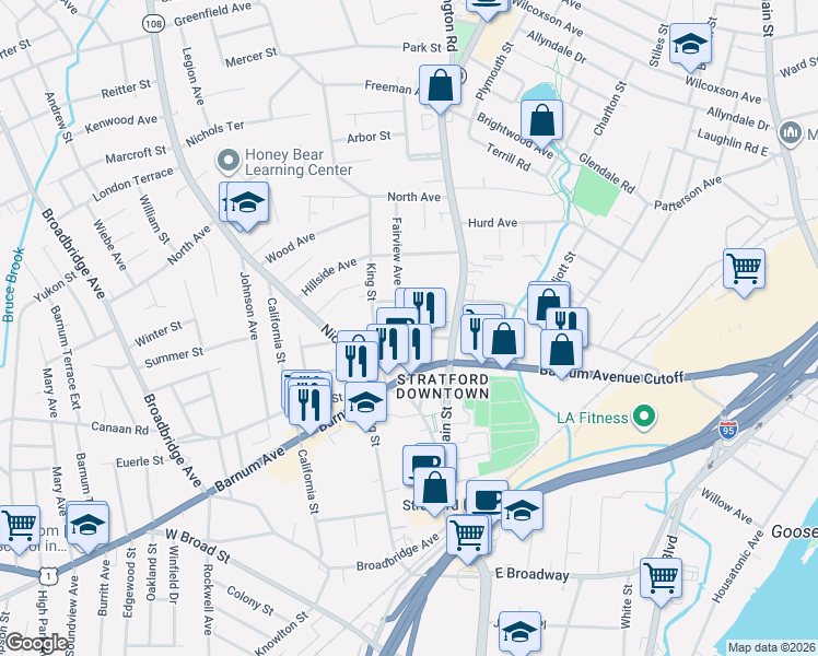 map of restaurants, bars, coffee shops, grocery stores, and more near 1171 James Street in Stratford