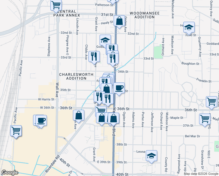 map of restaurants, bars, coffee shops, grocery stores, and more near 3487 Riverdale Road in Ogden