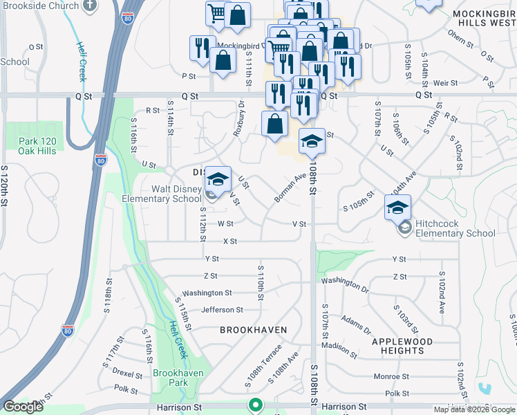 map of restaurants, bars, coffee shops, grocery stores, and more near 11029 U Street in Omaha