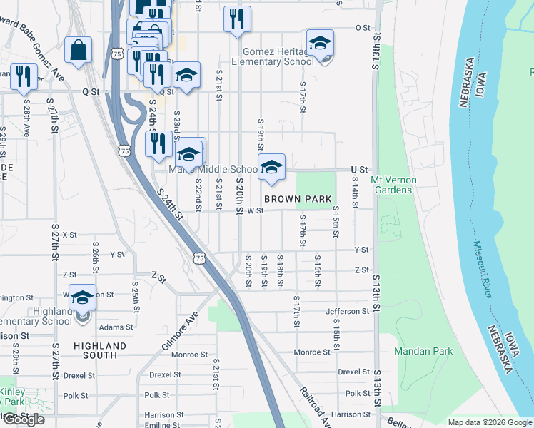 map of restaurants, bars, coffee shops, grocery stores, and more near 5801 South 19th Street in Omaha