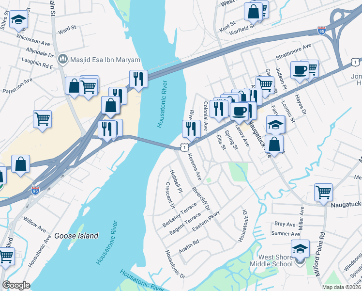 map of restaurants, bars, coffee shops, grocery stores, and more near 12 Bridgeport Avenue in Milford