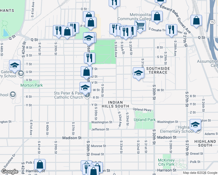 map of restaurants, bars, coffee shops, grocery stores, and more near 3365 V Street in Omaha