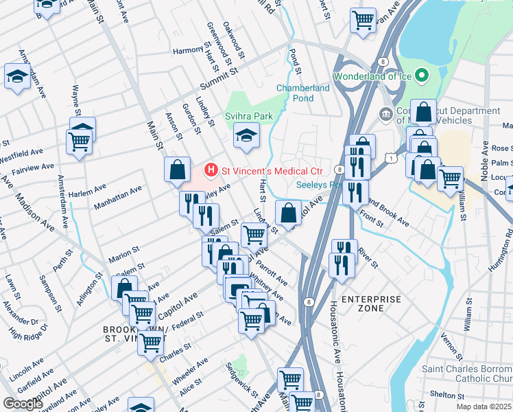 map of restaurants, bars, coffee shops, grocery stores, and more near 700 Lindley Street in Bridgeport