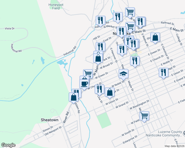 map of restaurants, bars, coffee shops, grocery stores, and more near 302 West Main Street in Nanticoke