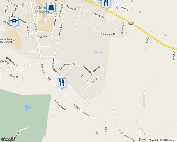 map of restaurants, bars, coffee shops, grocery stores, and more near Gemmell Drive in Clarion