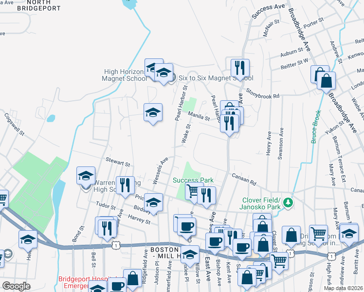 map of restaurants, bars, coffee shops, grocery stores, and more near 30 Wake Street in Bridgeport