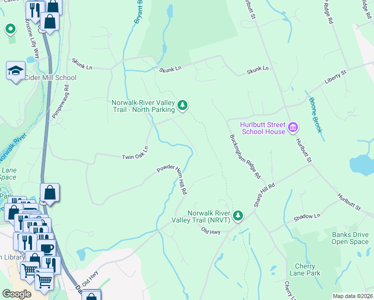 map of restaurants, bars, coffee shops, grocery stores, and more near 105 Twin Oak Lane in Wilton