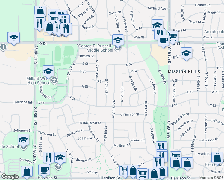 map of restaurants, bars, coffee shops, grocery stores, and more near 5609 South 174th Street in Omaha