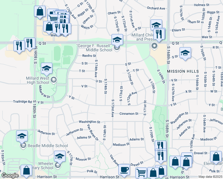 map of restaurants, bars, coffee shops, grocery stores, and more near 5706 South 173rd Avenue in Omaha