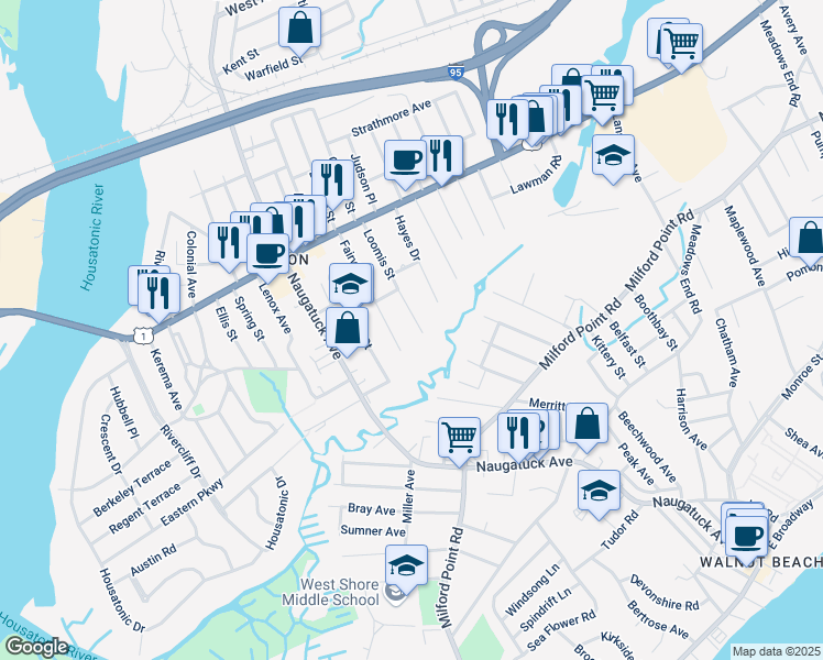 map of restaurants, bars, coffee shops, grocery stores, and more near 92 Loomis Street in Milford